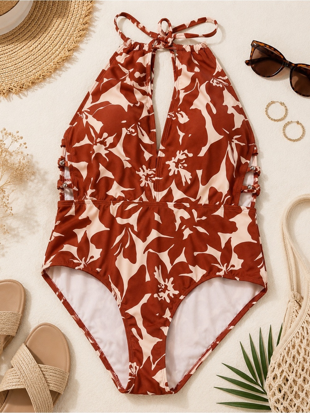 NWT Time and Tru Floral Halter One Piece Swimsuit L 12–14